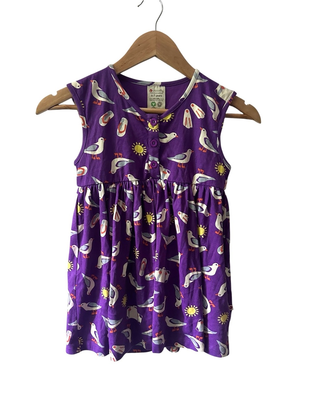 Piccalilly Organic Cotton Tank‎ Dress Purple Seagull Print Size 6-7